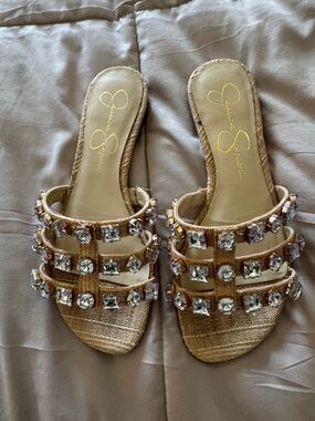 Jessica Simpson Gold Jeweled Multi-Strap Slide Mules